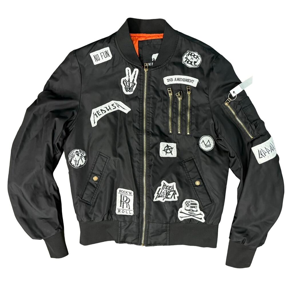 American Stitch Black Patchwork Bomber Jacket Punk Rock N Roll Patches Size M - Picture 11 of 12